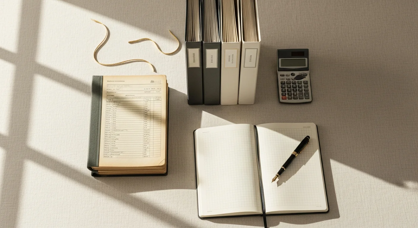 Ordentlich sortierter Schreibtisch mit Ordnern und Belegen